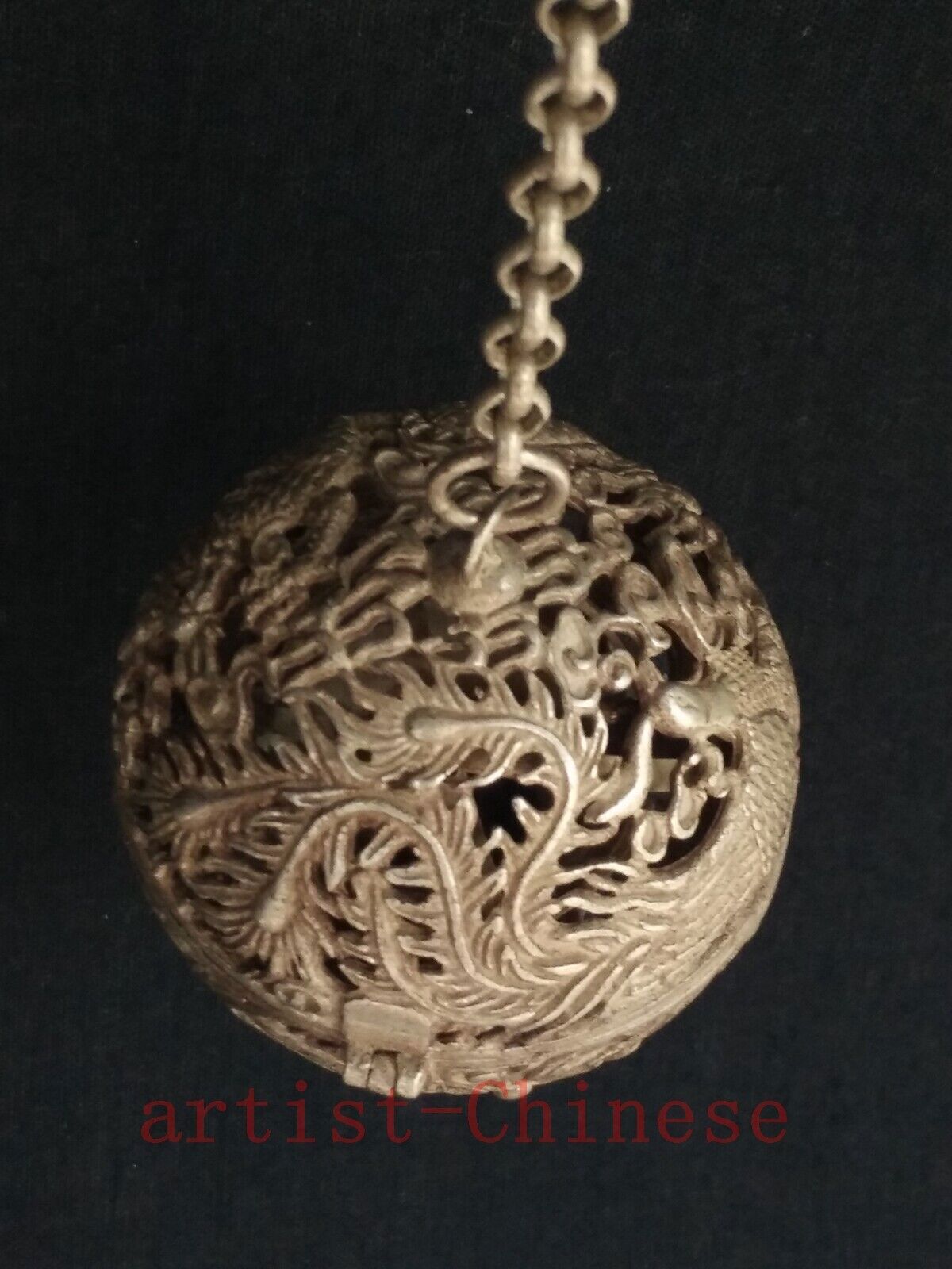 Collection Old China Tibet Silver Carving Dragon Phoenix Aromatherapy Decoration