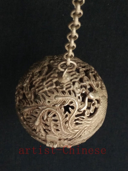 Collection Old China Tibet Silver Carving Dragon Phoenix Aromatherapy Decoration