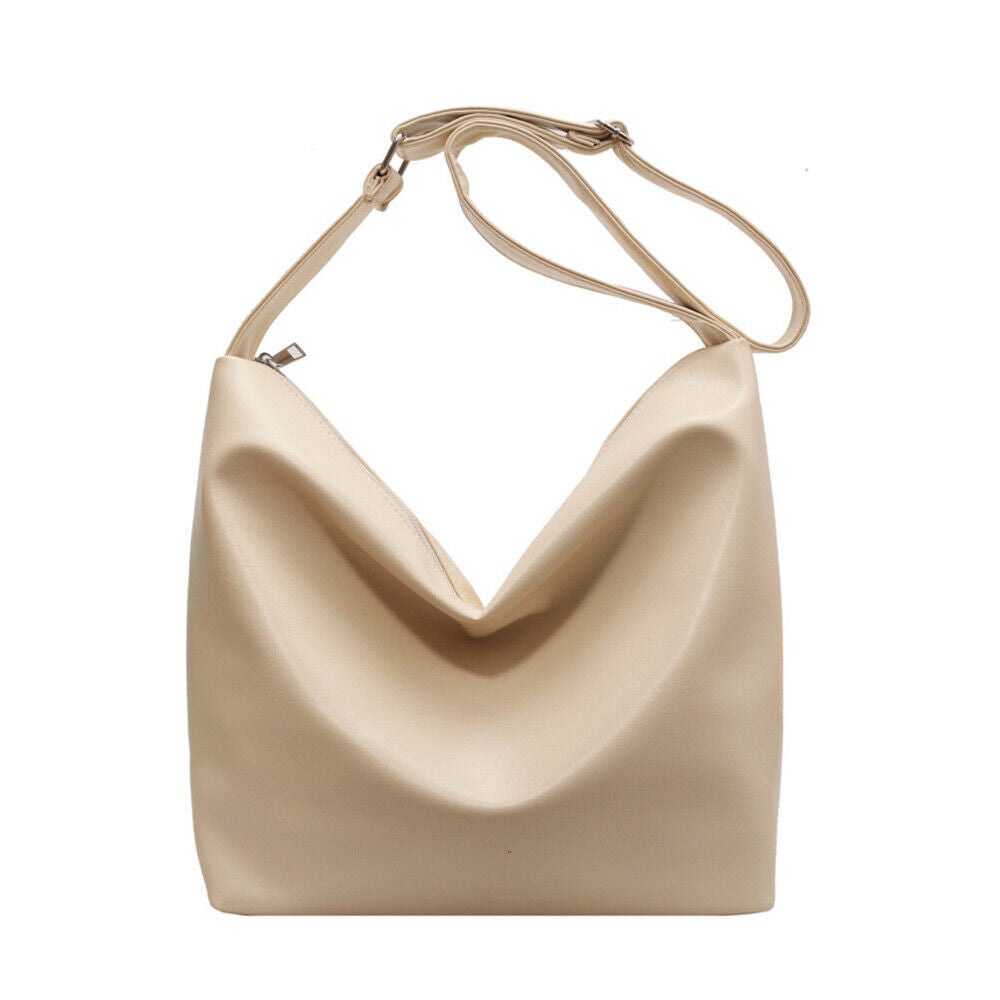 Women Big Bucket Bag Soft Leather Shoulder Bag Underarm Bag Crossbody Bag Silver