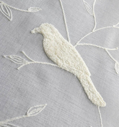 White Pastoral Bird Embroidered Curtains Balcony Linen Sheer Fabric Drape 1Panel