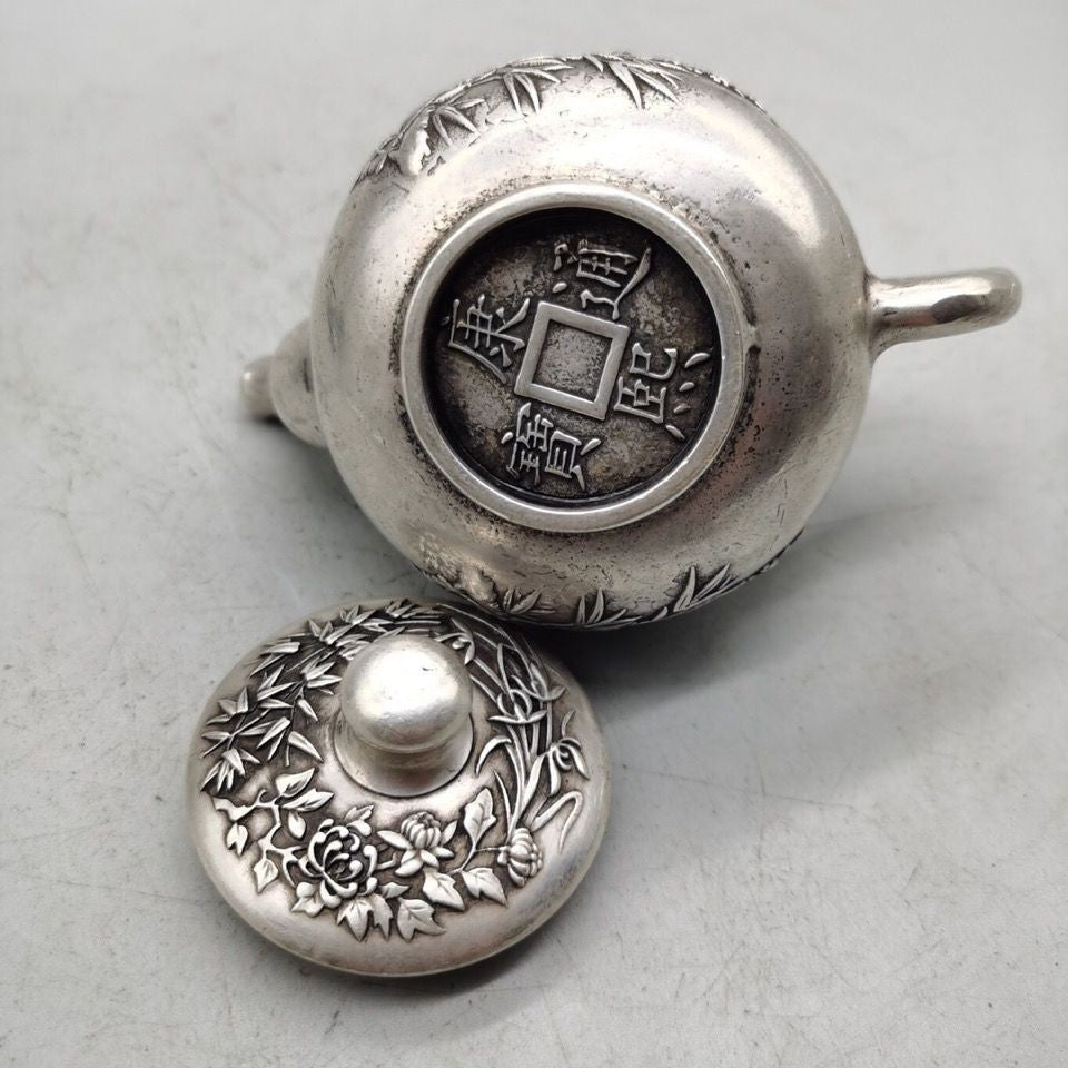Vintage Silver Plated Copper Teapot Handmade Magpie Motif