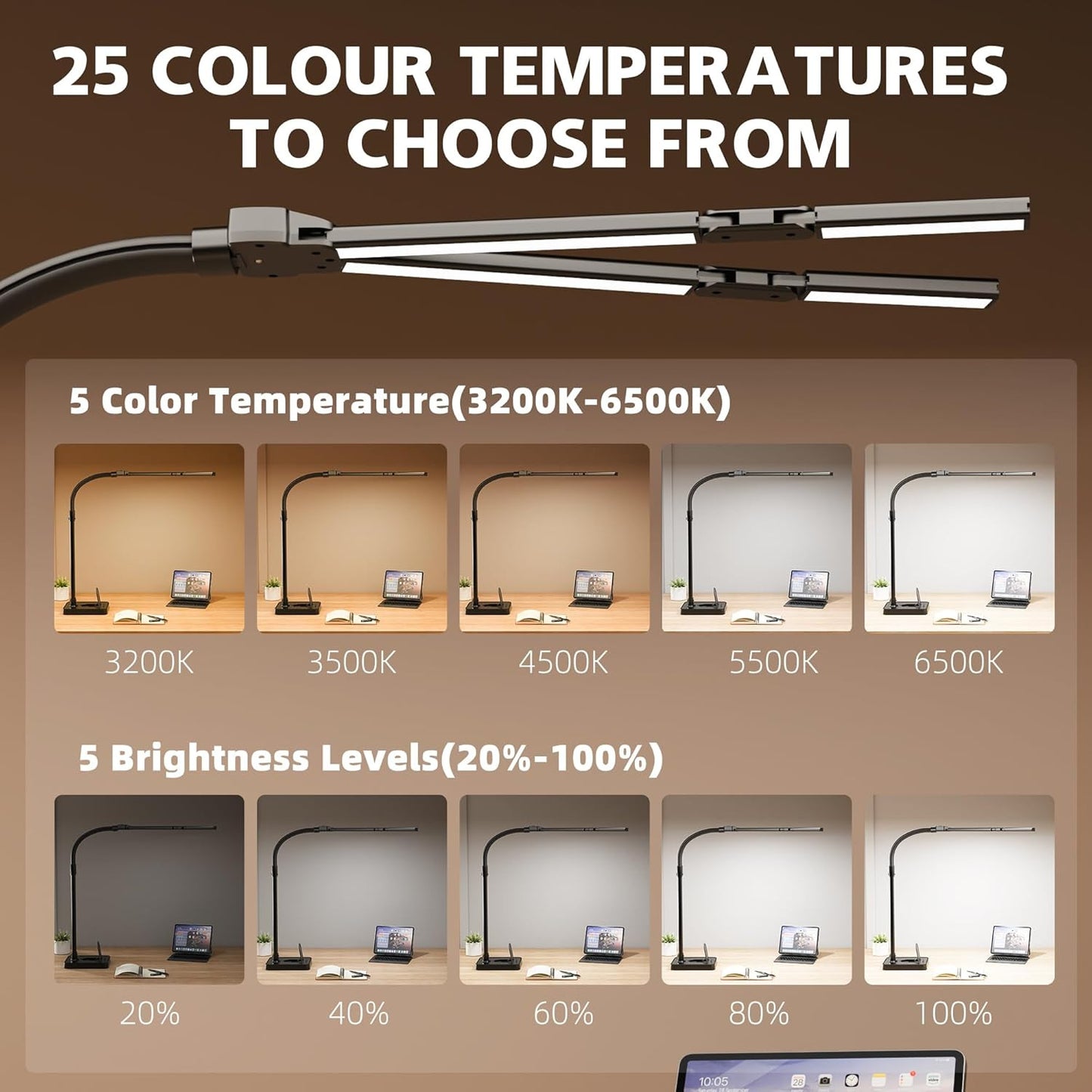LED Desk Lamp for Home Office - 24W Bright Double Head Desk Light with Clamp Eye