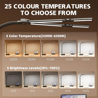 LED Desk Lamp for Home Office - 24W Bright Double Head Desk Light with Clamp Eye