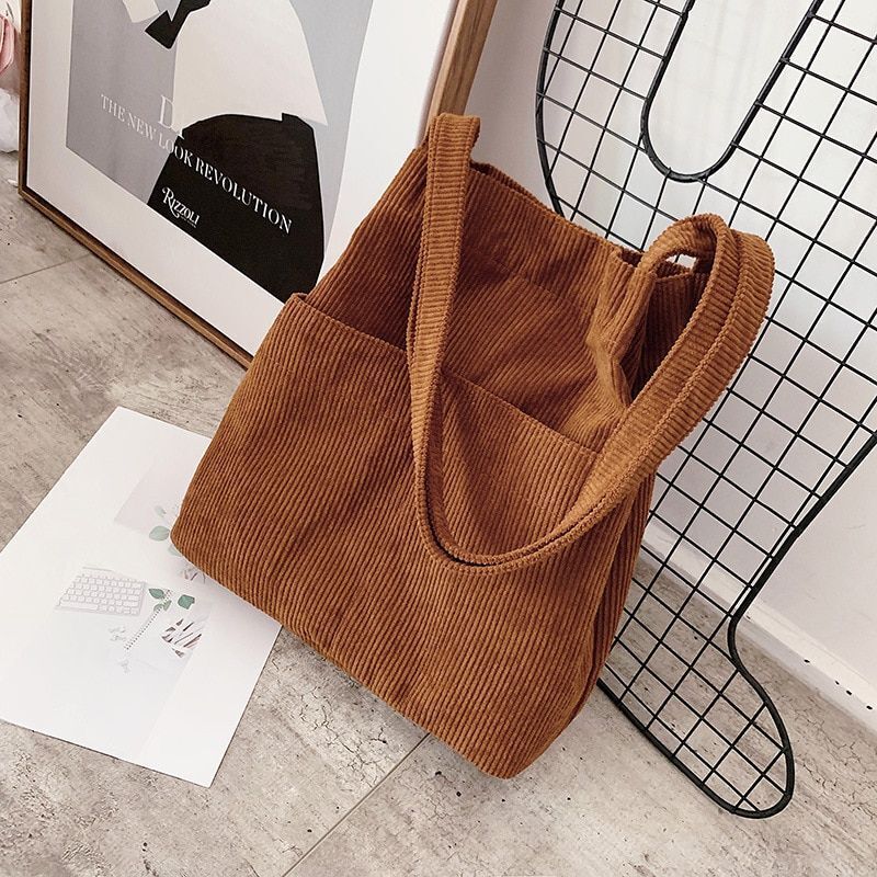 Corduroy Tote Bag Carry Shoulder Bag Retro Handbag Inner Pocket Travel Shopping