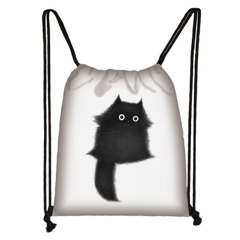 Black Cat Drawstring Bag Women Shopping Purse Canvas Travelling Bag Backpack 1PC