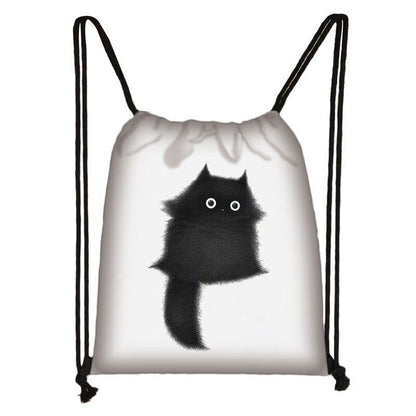 Black Cat Drawstring Bag Women Shopping Purse Canvas Travelling Bag Backpack 1PC