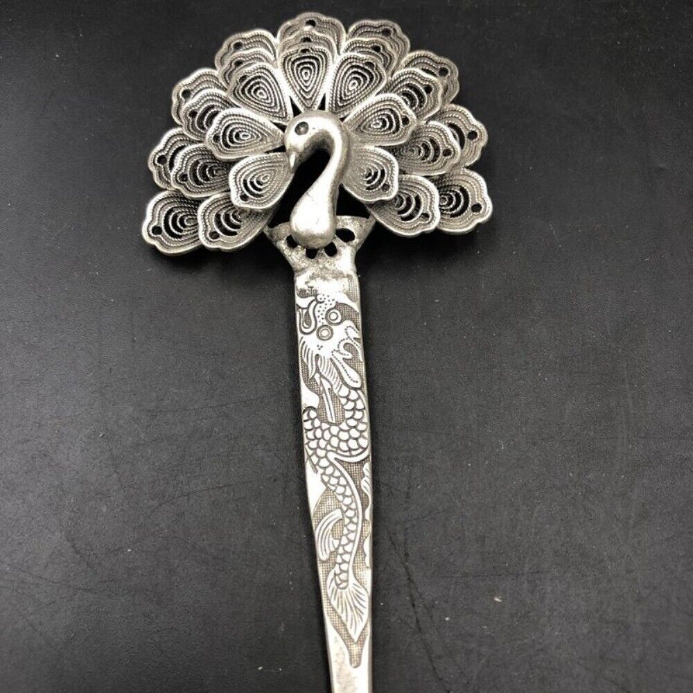 Old Chinese Tibet silver handcarved Phoenix hair hairpin 489