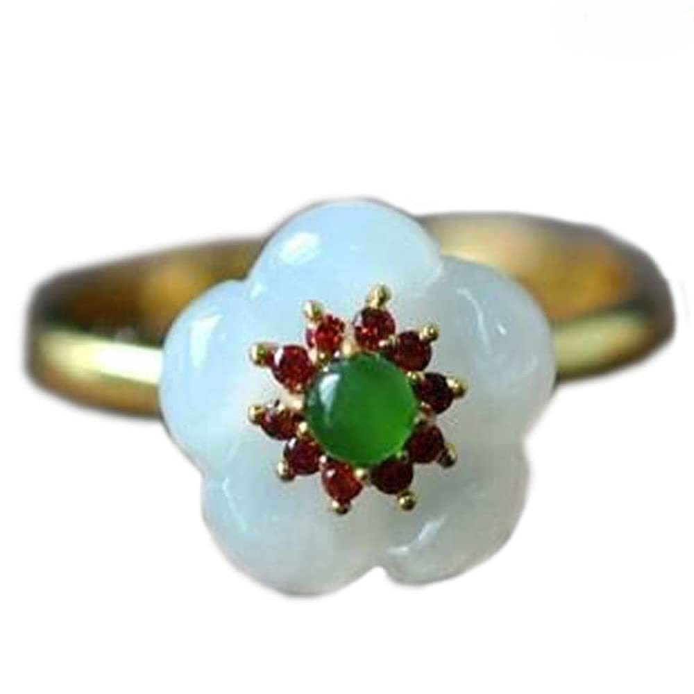 New Natural White Jade Flower Ring Women Adjustable Jewelry