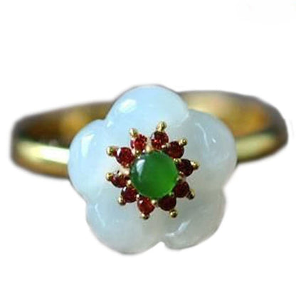 New Natural White Jade Flower Ring Women Adjustable Jewelry