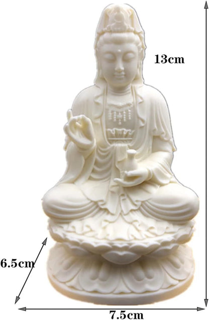 Guan Yin Buddha Statue on Lotus | White Quanyin Sculpture for Home Office Decor
