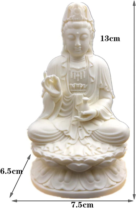 Guan Yin Buddha Statue on Lotus | White Quanyin Sculpture for Home Office Decor