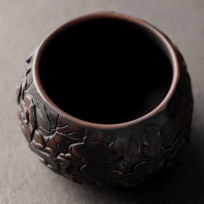 One Cup Handmade Floral Dragon Carved Yixing Zisha Purple Pottery Kungfu Teacups