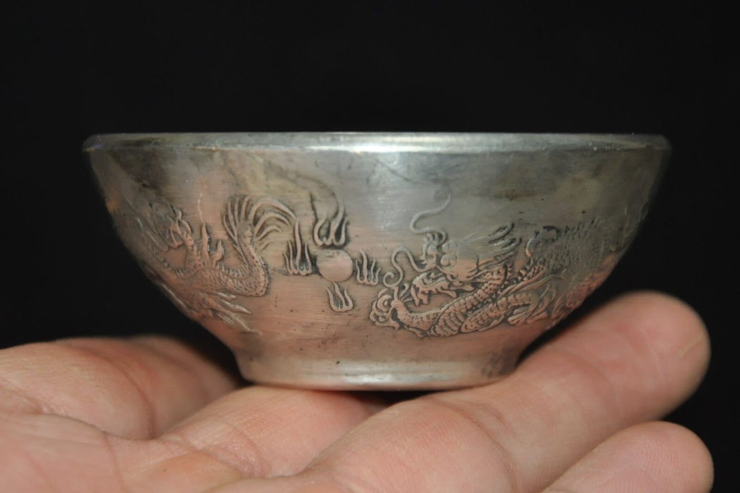China Tibetan Silver Animal Loong Dragon Statue Tableware Tea Cup Bowl Bowls
