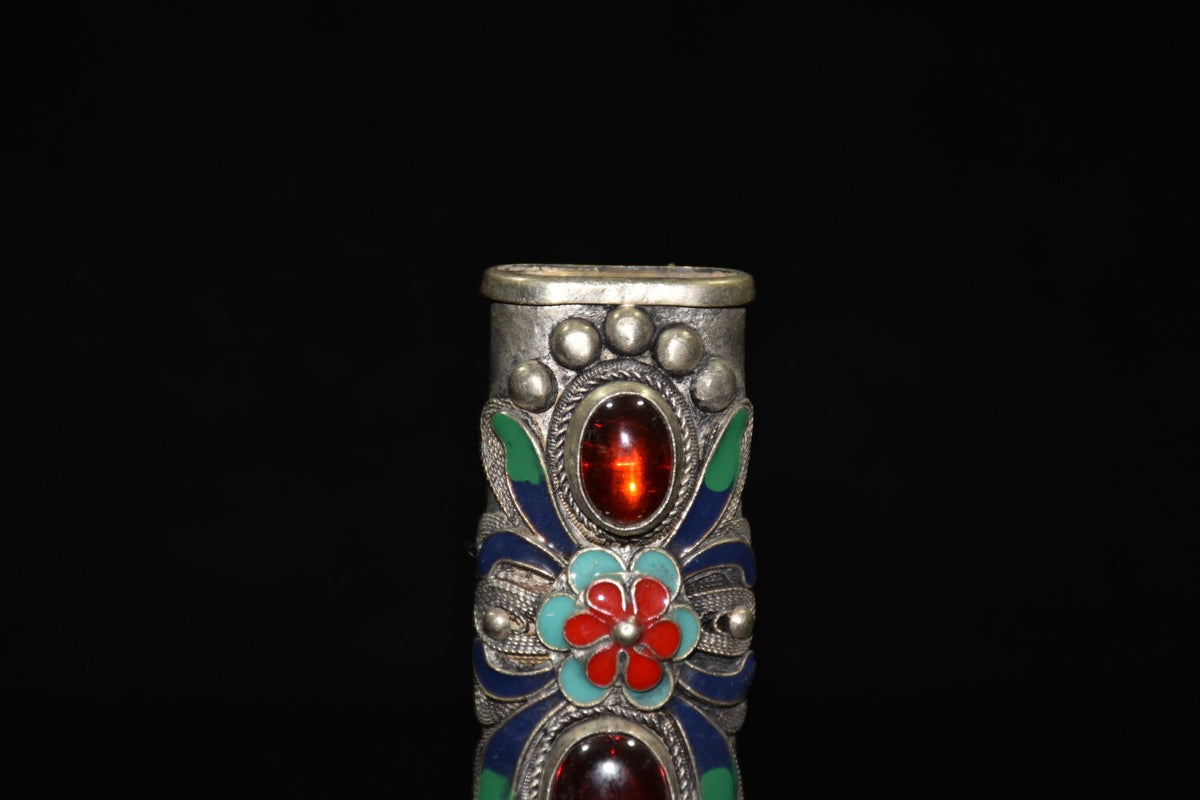 Ornament Vintage White Copper Cloisonne Inlaid Ruby Lighter Case