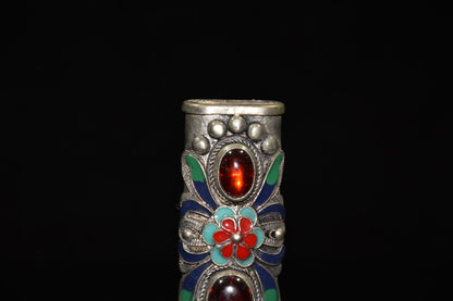 Ornament Vintage White Copper Cloisonne Inlaid Ruby Lighter Case