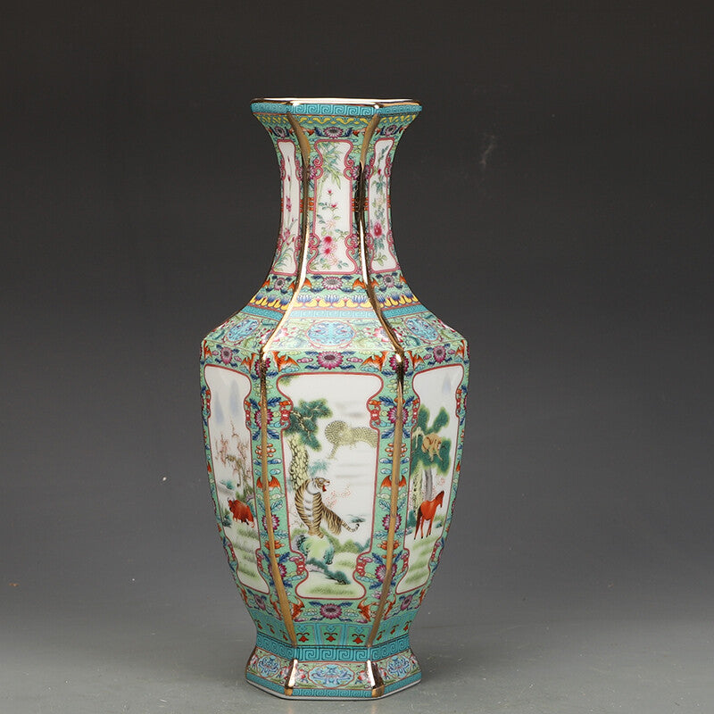 11.1" Chinese Qing Porcelain Gild 12 Zodiac Animal Six Sides Flower Vase