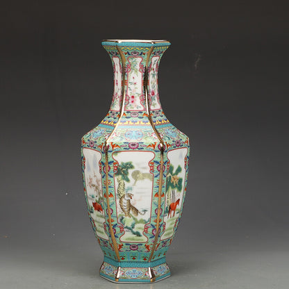 11.1" Chinese Qing Porcelain Gild 12 Zodiac Animal Six Sides Flower Vase