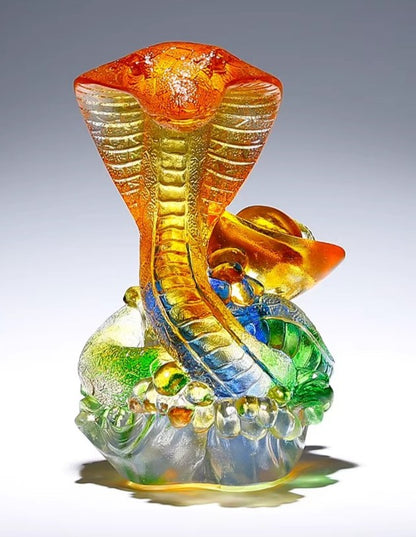 Real Chinese Liu Li Crystal Cobra Snake Statue Amulet Feng Shui Home Decor
