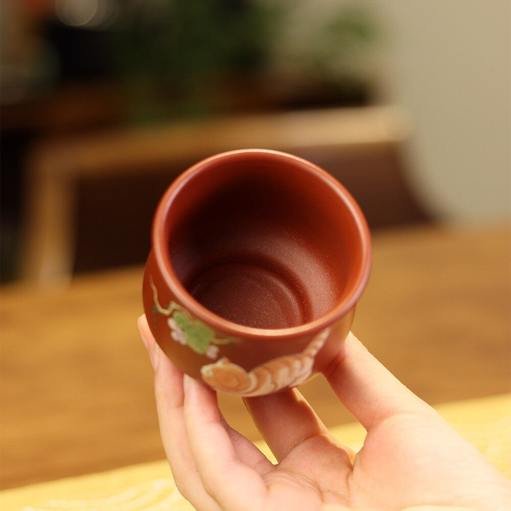 Traditional Craft True Yixing Zisha Dahongpao Clay Marked Tea Cup Cat Handpaint