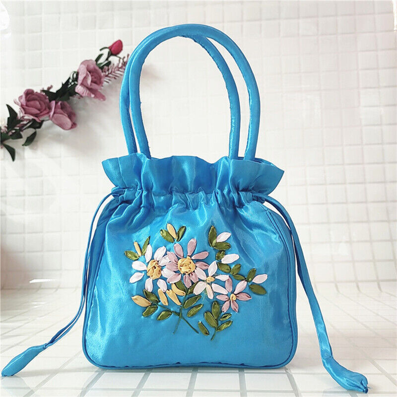 Women Ethnic Embroidered Floral Satin Handbag Girls Drawstring Tote Hanfu Bag