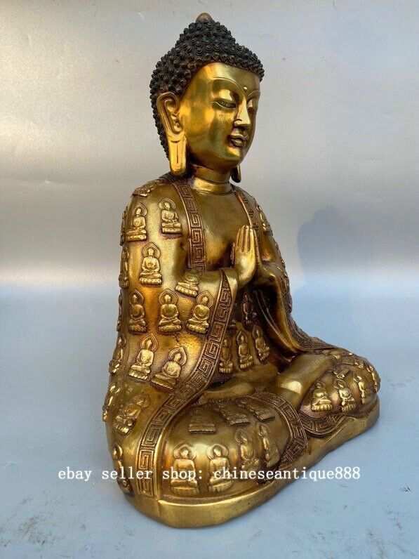 11" Qianlong Year Marked Copper Gilt Shakyamuni Sakyamuni Amitabha Buddha Statue