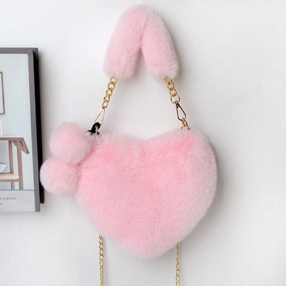 Faux Fur Winter Handbag Heart Shape Shoulder Bag Clutch Purse Chain Velvet Pouch