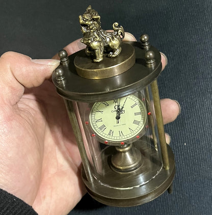 Chinese Lion Brass Retro Disc Mechanical Clock Crafts Collectible Decor