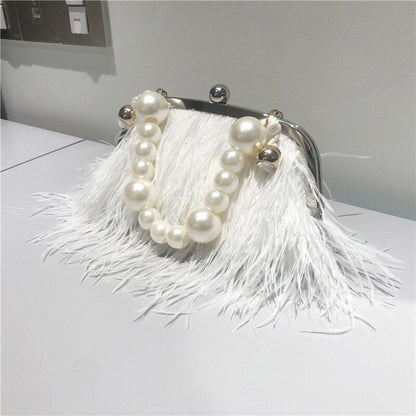 Small Feather Handbag Party Purse Elegant White Pearl Chain Shoulder Bag 22*20*4