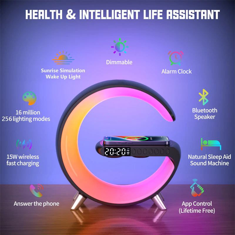 Multifunctional Wireless Charger Alarm Clock Speaker APP RGB Light Fast Charging