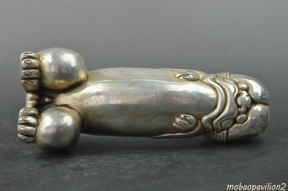 Chinese silver carved guard Foo Dogs Lion statues Collected