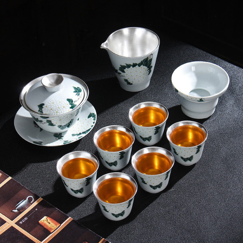 Health Care Pure Silver Tea Set Porcelain Flower Relief Honeysuckle Gaiwan Cups