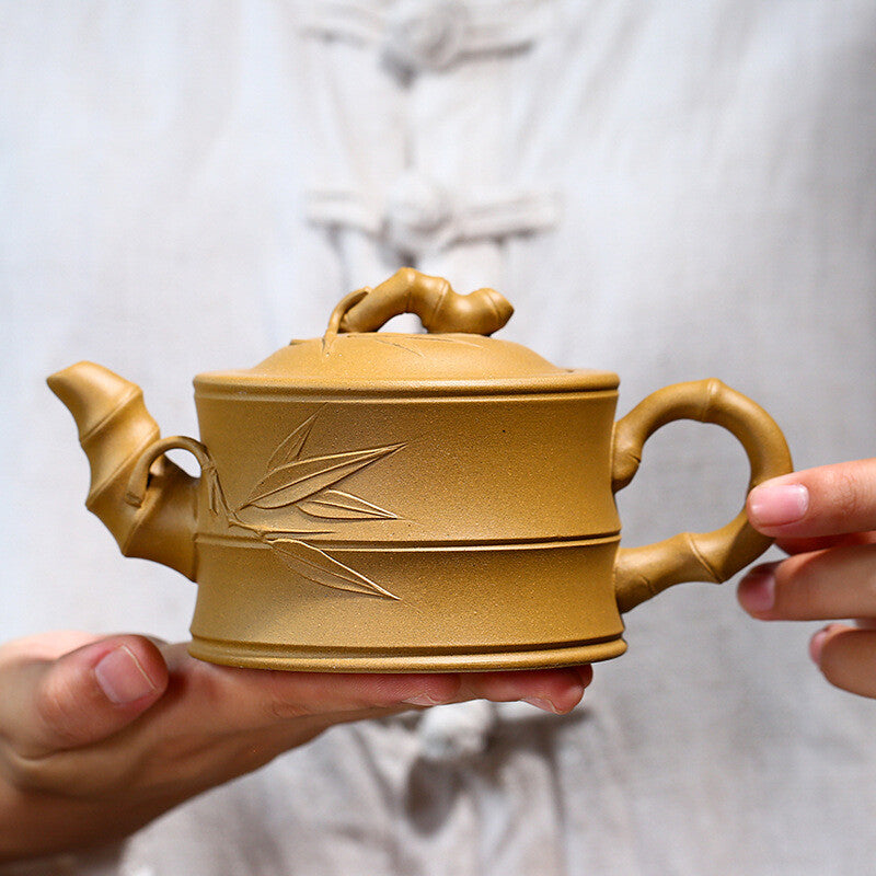 Handmade Real Yixing Zisha Duan Clay Marked Tea Pot Bamboo Relief Design Teapots