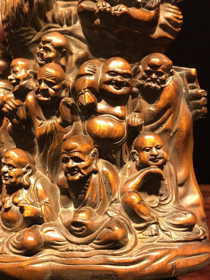 6.1"Chinese Box-wood Carving Buddhism 18 Arhat Shakyamuni Amitabha Buddha Statue