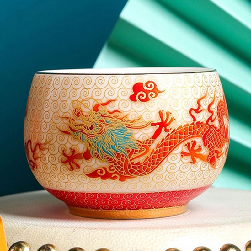 Chinese Style Sheep Fat Jade Porcelain Tea Cup Tea Set Dragon Phoenix Cup
