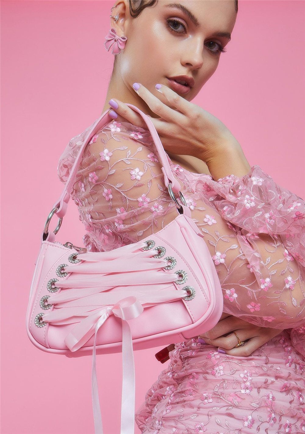 Pink Ribbon Cross Tied Gothic Style Handbags Purse Bags Shoulder Underarm Bags