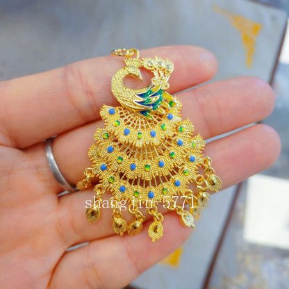 18K Gold Women's 3D Enamel Peacock GP Pendant+free Earrings