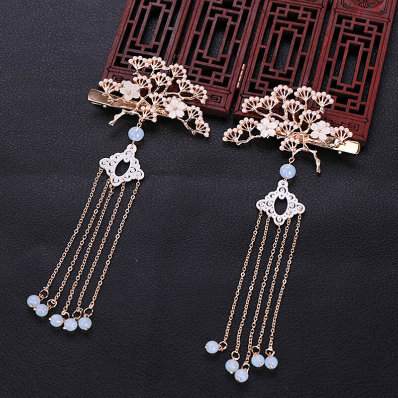 Chinese Traditional Classical Flower Simulated Pearls Tassel Hair Clasp Decor