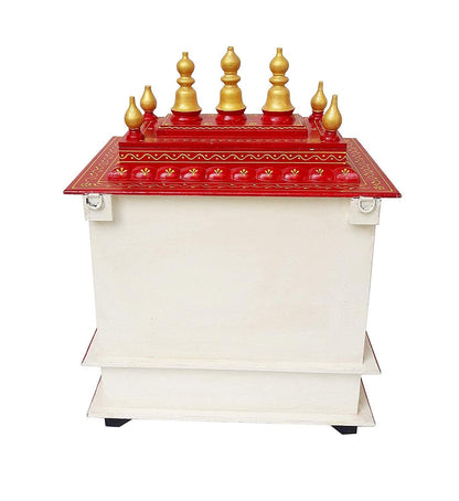 Handcrafted Wooden Home Temple White & Red Worship Mandap Mandir