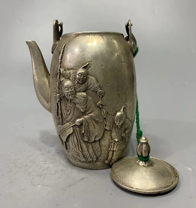 China White Copper Archaize Longevity Buddha Teapot Crafts Statue