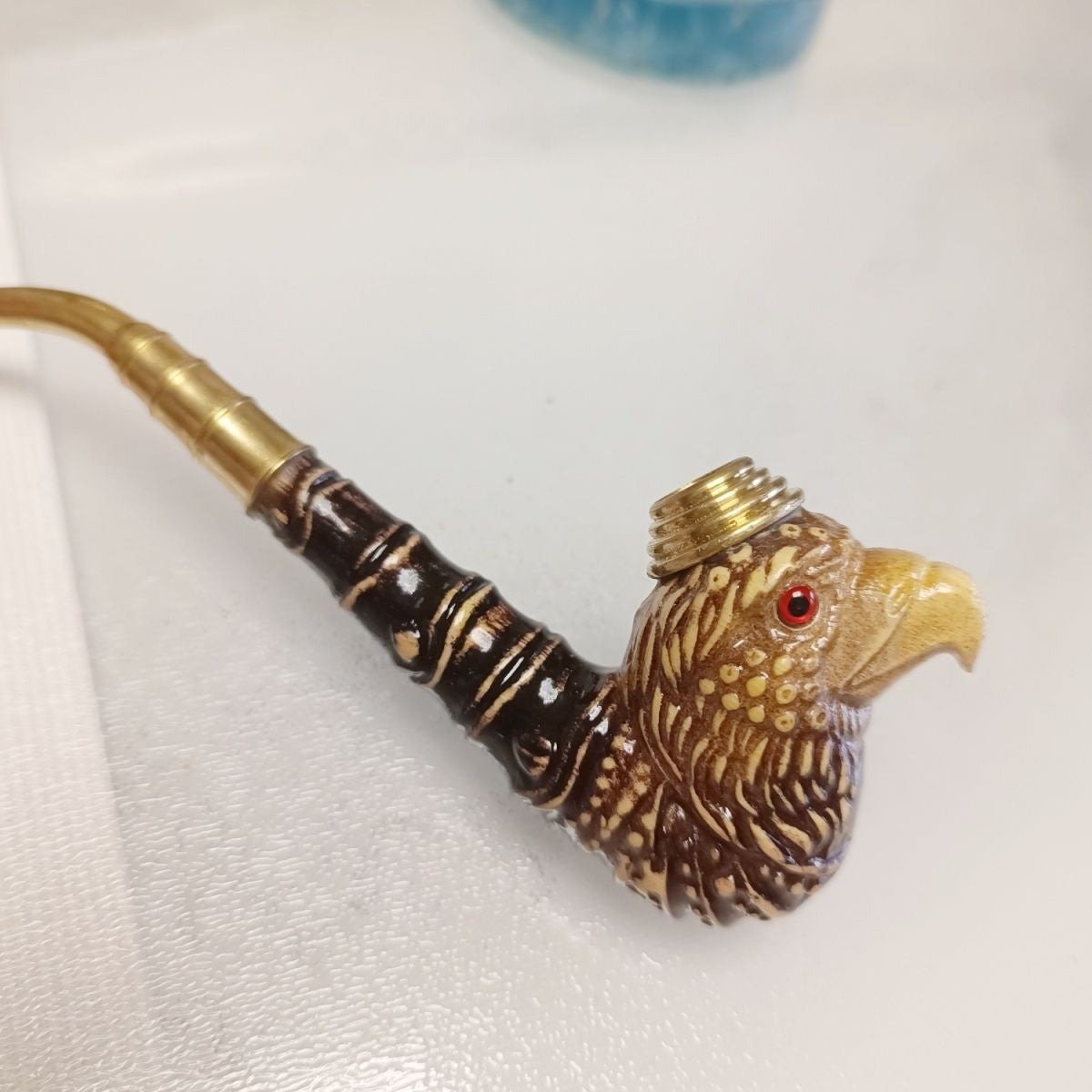 Hand Carved Bamboo Eagle Head Pipe Dual Use 14cm Vintage Collectible Ornament