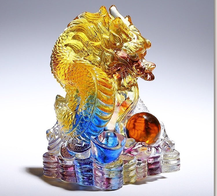 Chinese Liu Li Crystal Dragon Statue Office Feng Shui Home Decor