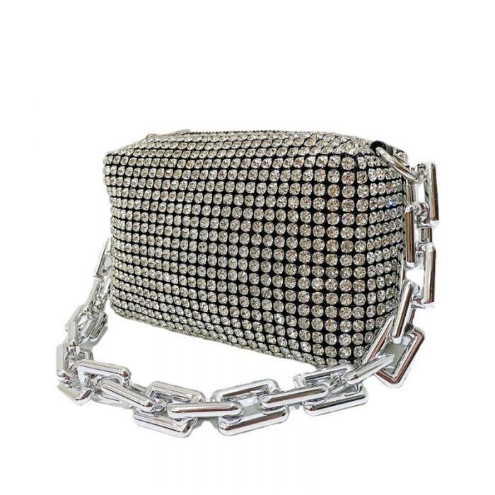 Woman' s Clutch With Thick Chain Handle Silver Full Crystal Jewelled Hand Bag