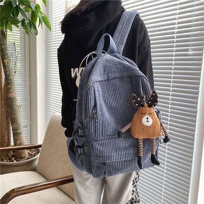 Corduroy Backpack Stripe School Bag Teenage Backpack 30*42*13CM Black/Blue/Khaki