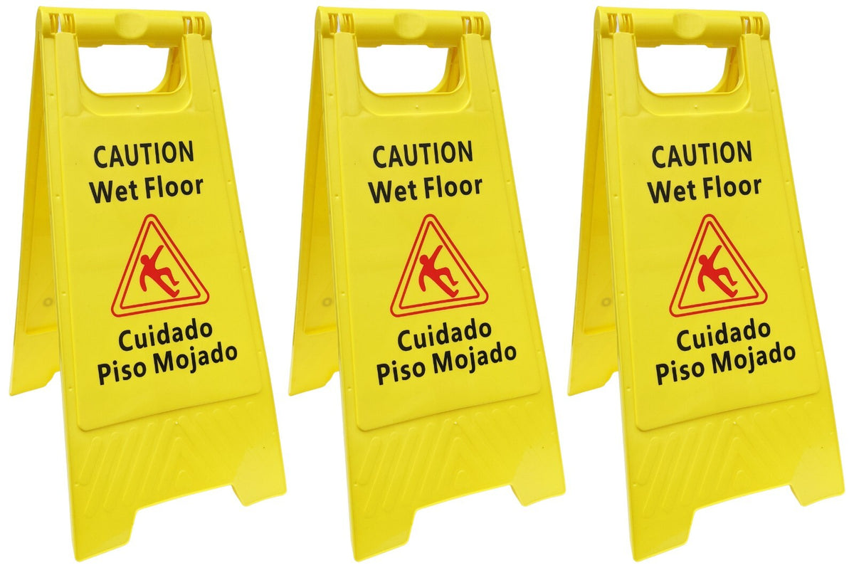 3 Pack CAUTION Wet Floor Signs Bilingual (Cuidado Piso Mojado), 2 Feet Tall