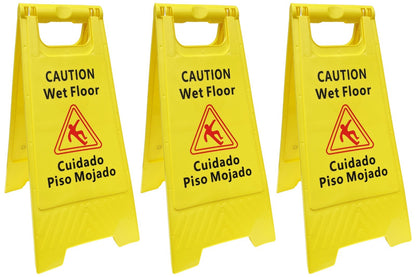 3 Pack CAUTION Wet Floor Signs Bilingual (Cuidado Piso Mojado), 2 Feet Tall