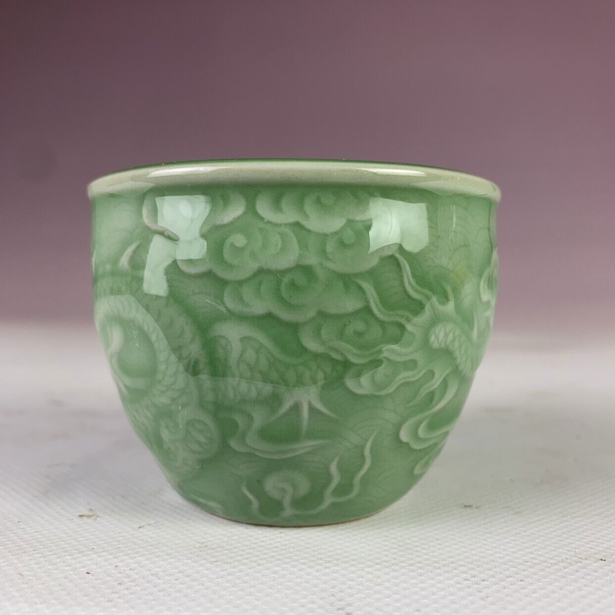 3.0" Chinese Qing Green Glaze Porcelain Relief Dragon & Cloud Design Teacup Cup