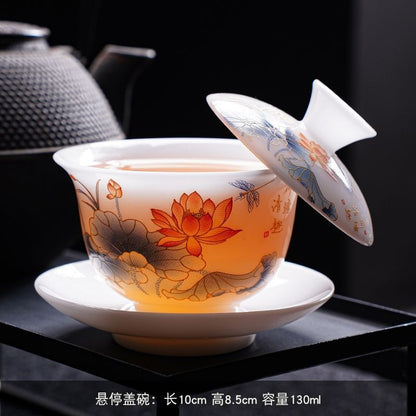 1pc Ice Jade Porcelain Covered Bowl White Porcelain Tea Bowl Dehua Teacup