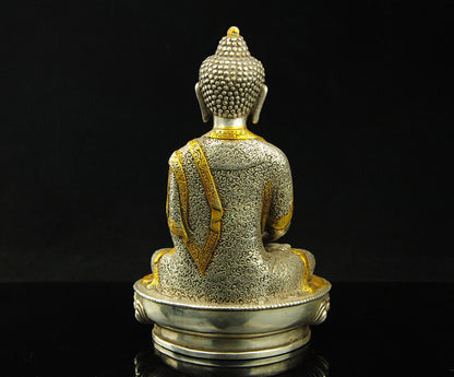 Vintage Chinese old Tibet Silver Gilt Buddhism Sakyamuni Buddha Statue 22322
