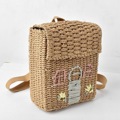 Straw Woven Bag Backpack 20-35L Hasp Polyester Brown Purse Retractable Traveling