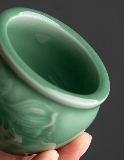 3.4oz China Longquan celadon porcelain tea cup master cup ceramic fish carved